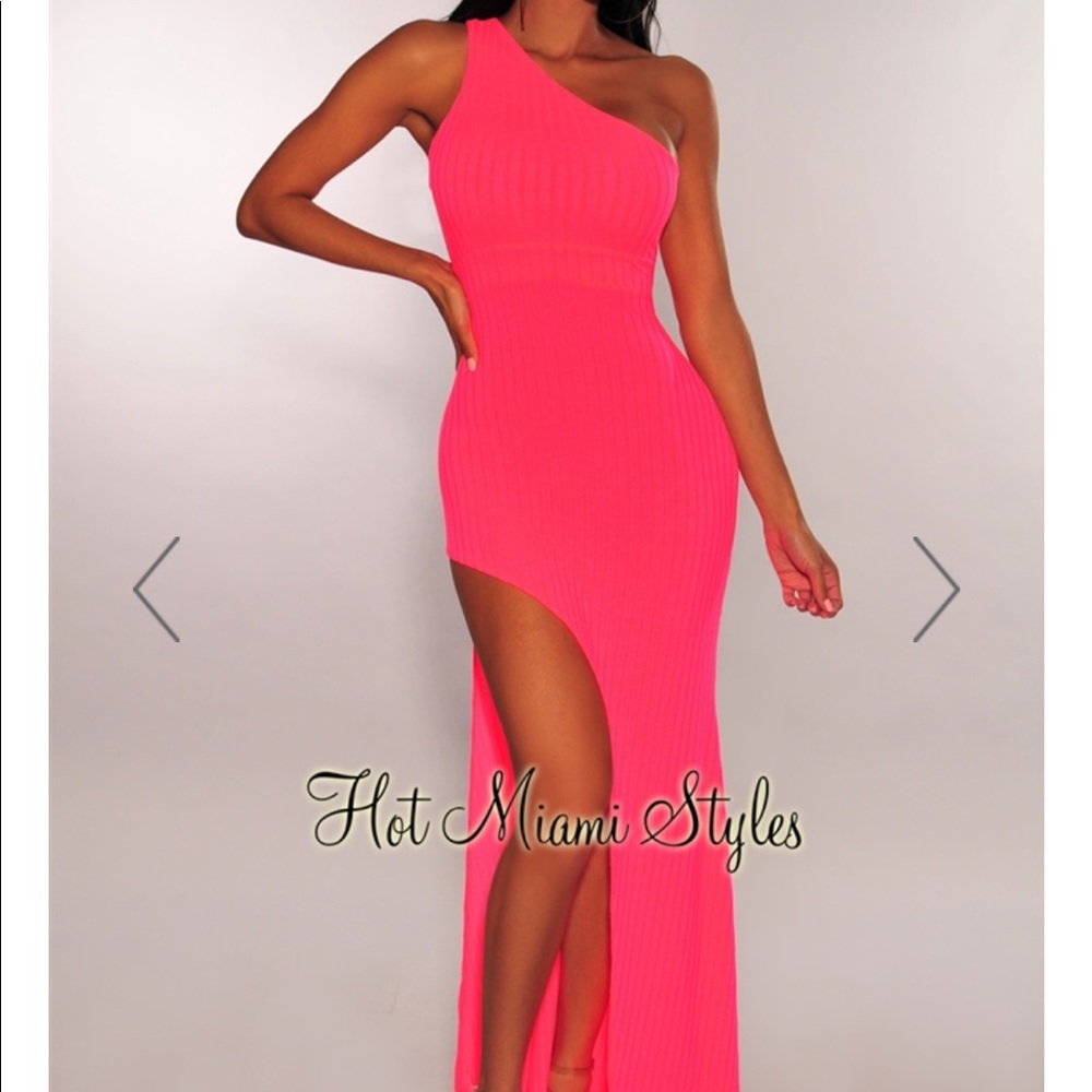 Neon Pink Ribbed One Shoulder Slit Maxi Dress